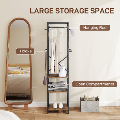 Clothes Rail with Storage Shelf and Hooks, Clothes Rack, Rustic Brown
