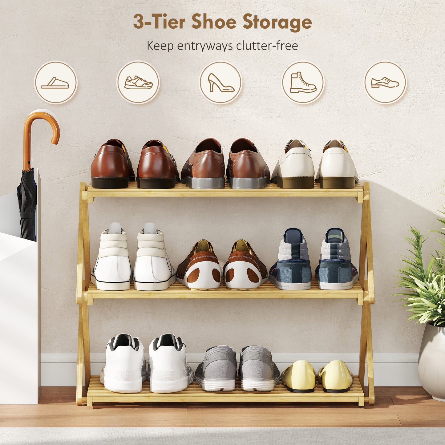 3-Tier Bamboo Shoe Rack, Folding Shoe Shelf, Holds up to 9 Pairs