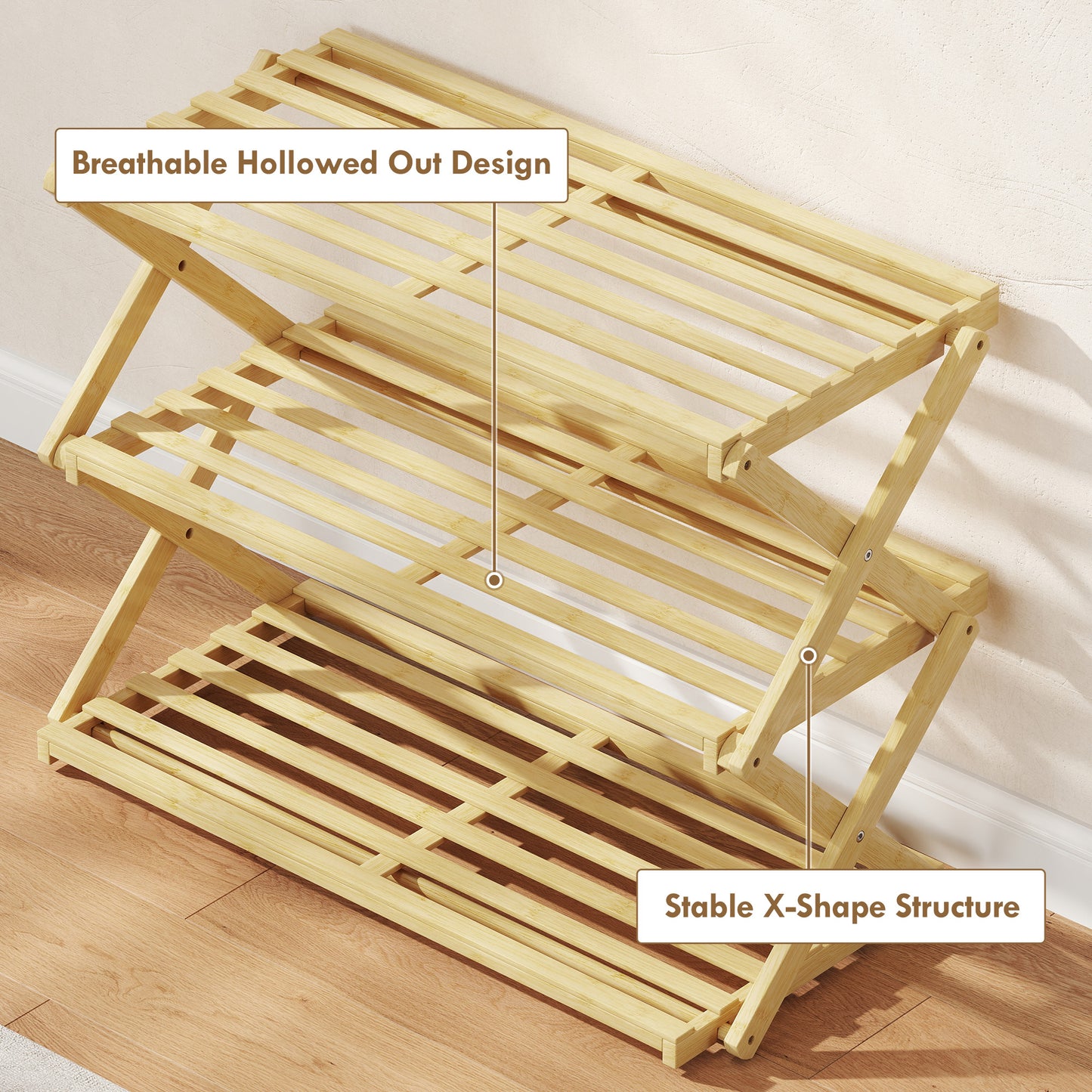 3-Tier Bamboo Shoe Rack, Folding Shoe Shelf, Holds up to 9 Pairs