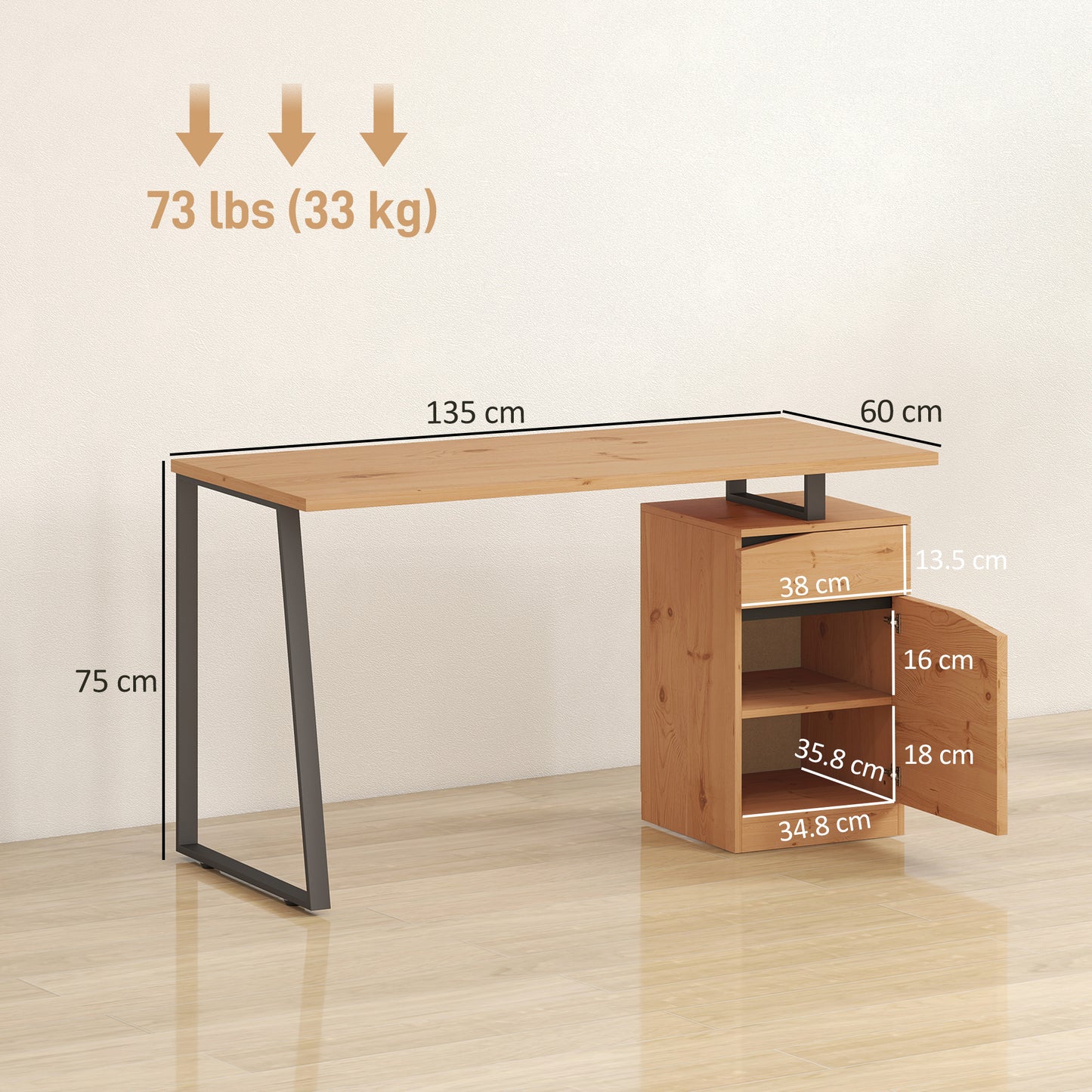 Computer Desk, Writing Table with Cabinet and Drawer, Natural