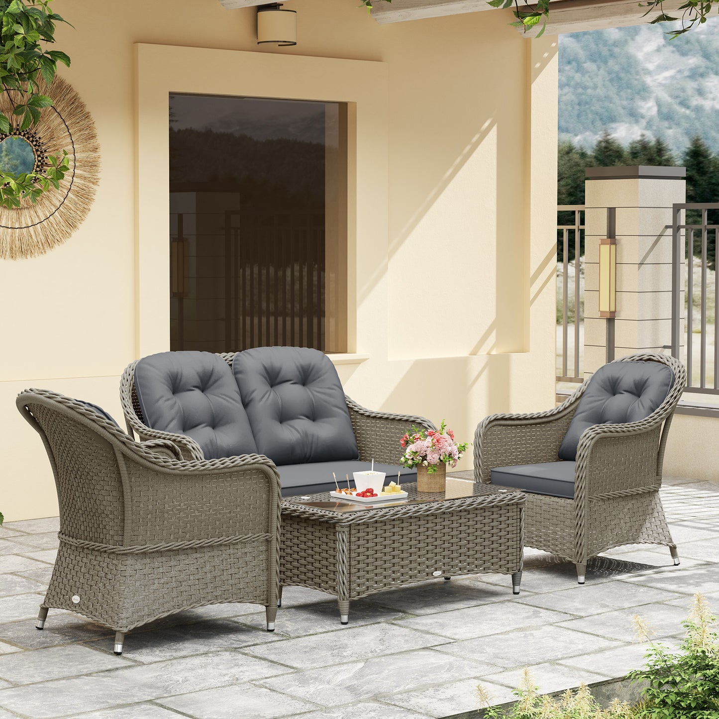 4 Pieces Rattan Sofa Set Outdoor Conservatory Furniture with Cushions