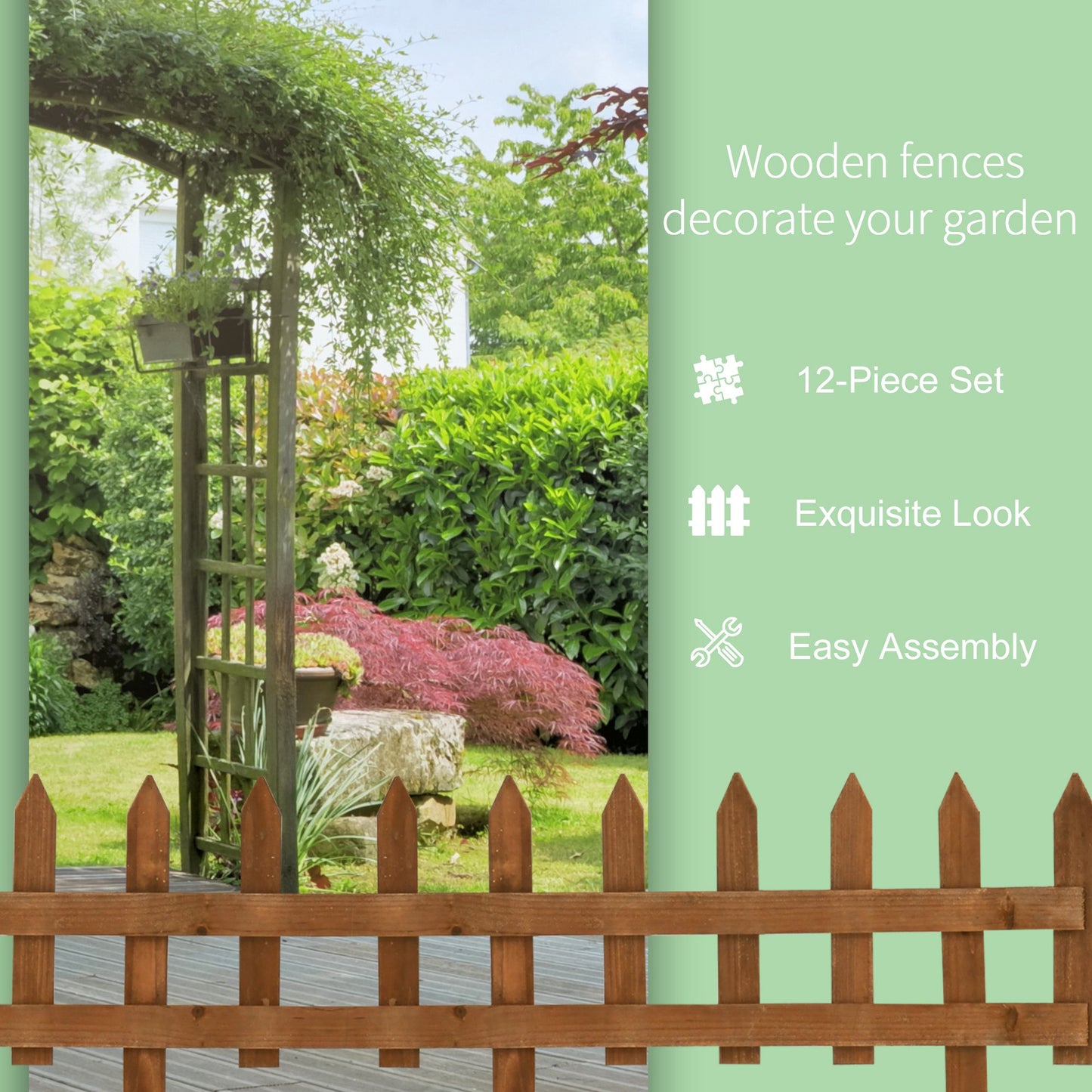 Pack of 12 Wooden Plant Border Fence Garden Fixed Picket Fence Brown