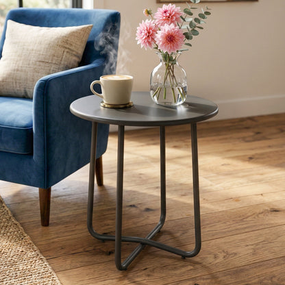 Metal Garden Side Table, 48 cm Round Outdoor Table, Dark Grey