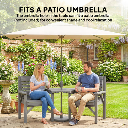 Wooden Garden Bistro Set, 2 Seater w/ Umbrella Hole, Light Grey