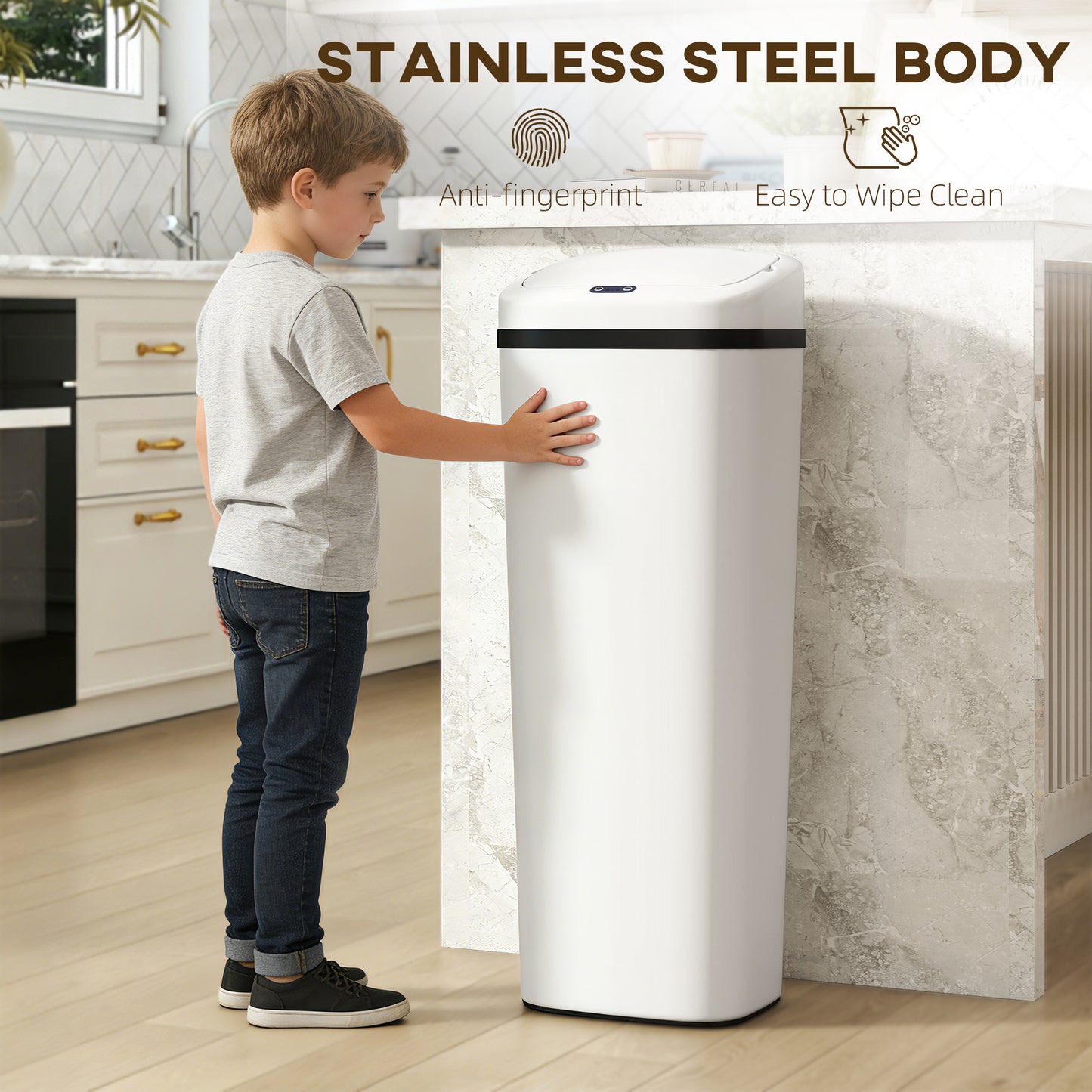 50L Sensor Bin, Stainless Steel Slim Kitchen Bin, Fingerprint-Proof