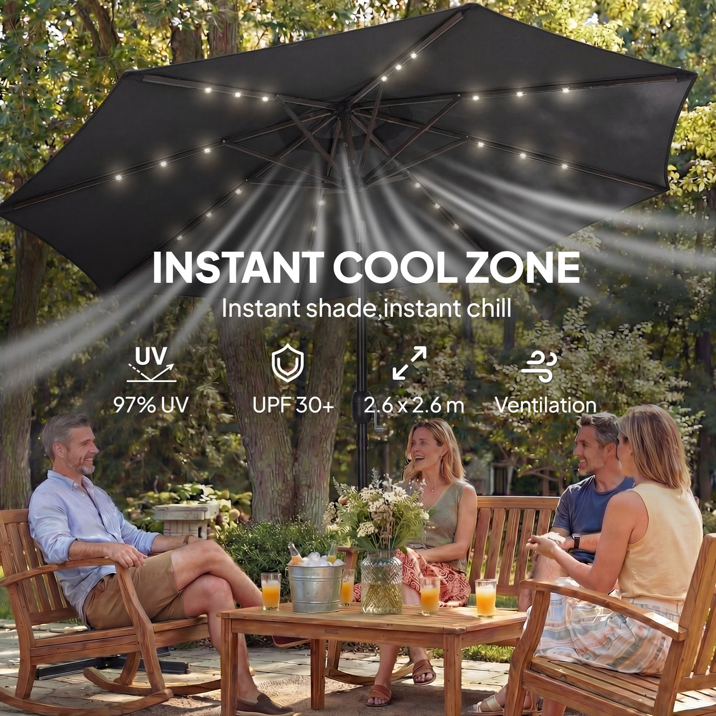 2.6 m Garden Parasol Umbrella with Light, Outdoor Patio Umbrella