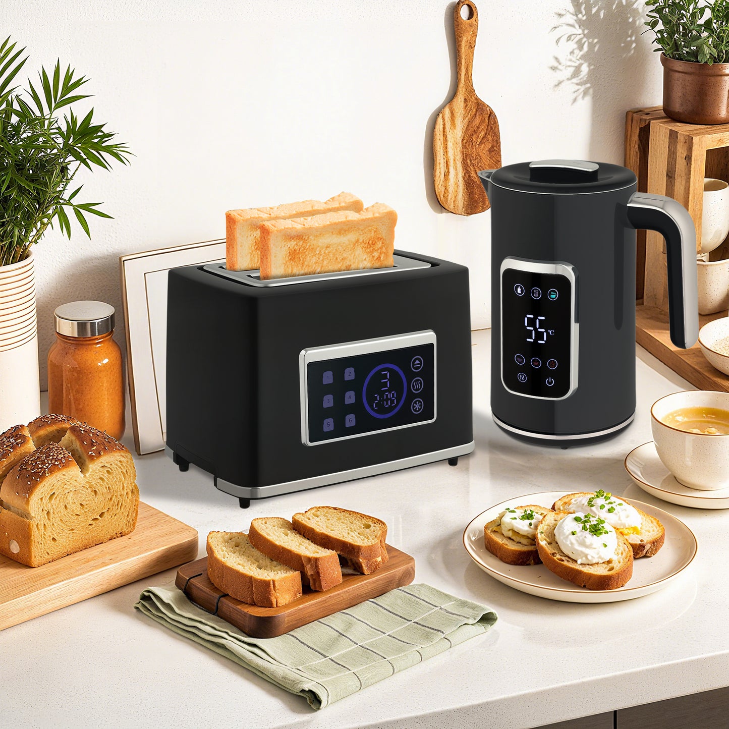 1.7L 3000W Rapid Boil Kettle and 2 Slice Toaster Set Crumb Tray Black