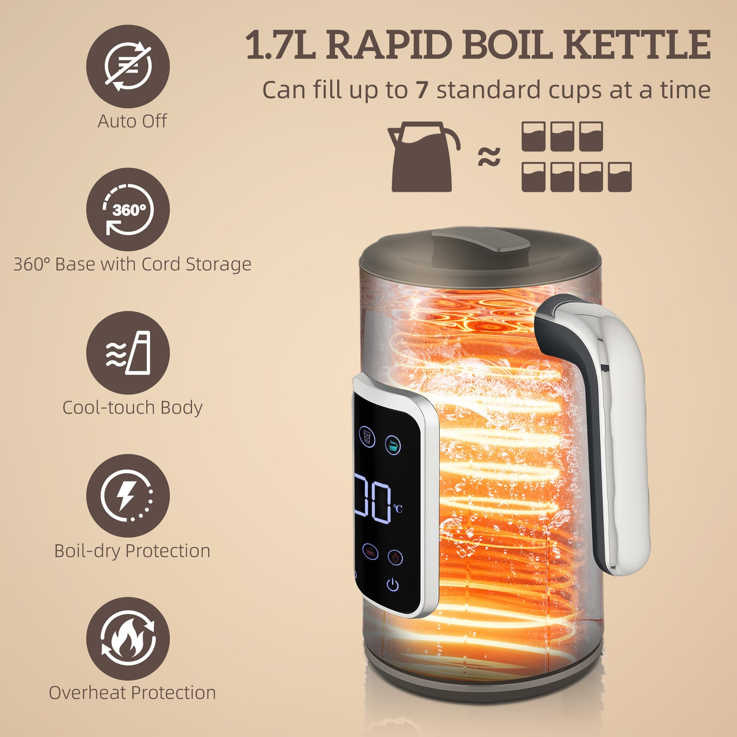 1.7L 3000W Rapid Boil Kettle and 2 Slice Toaster Set Crumb Tray Black
