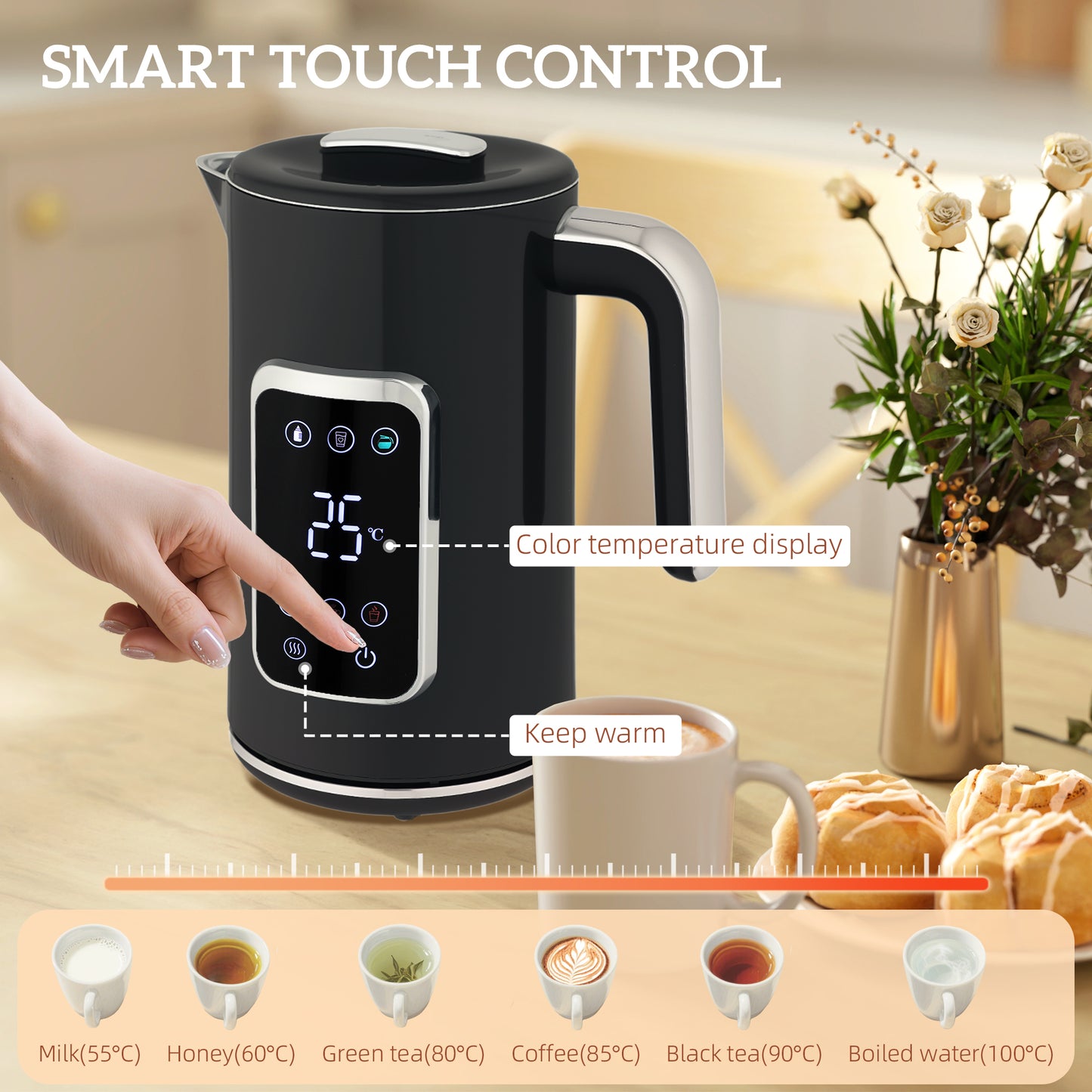 1.7L 3000W Rapid Boil Kettle and 2 Slice Toaster Set Crumb Tray Black