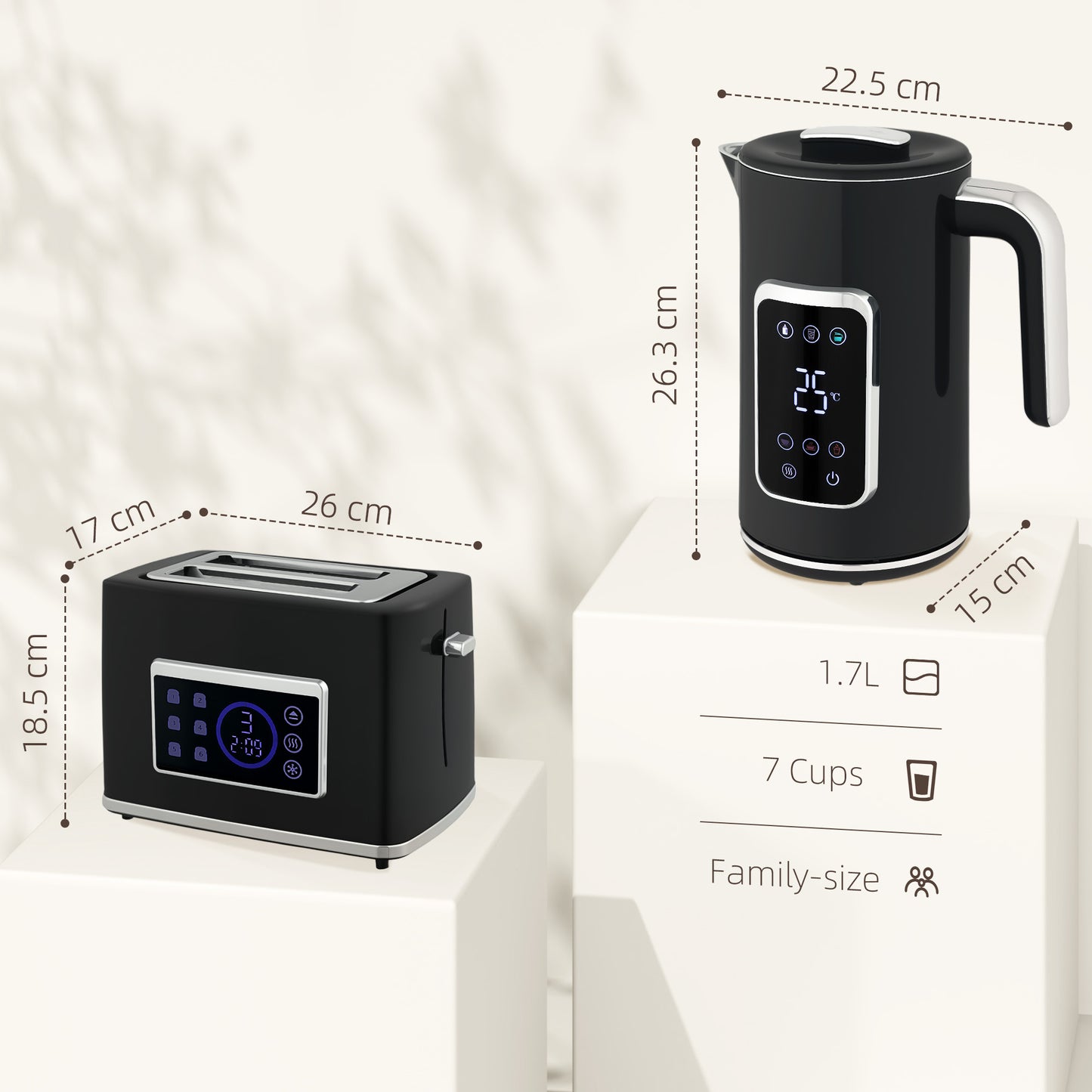 1.7L 3000W Rapid Boil Kettle and 2 Slice Toaster Set Crumb Tray Black