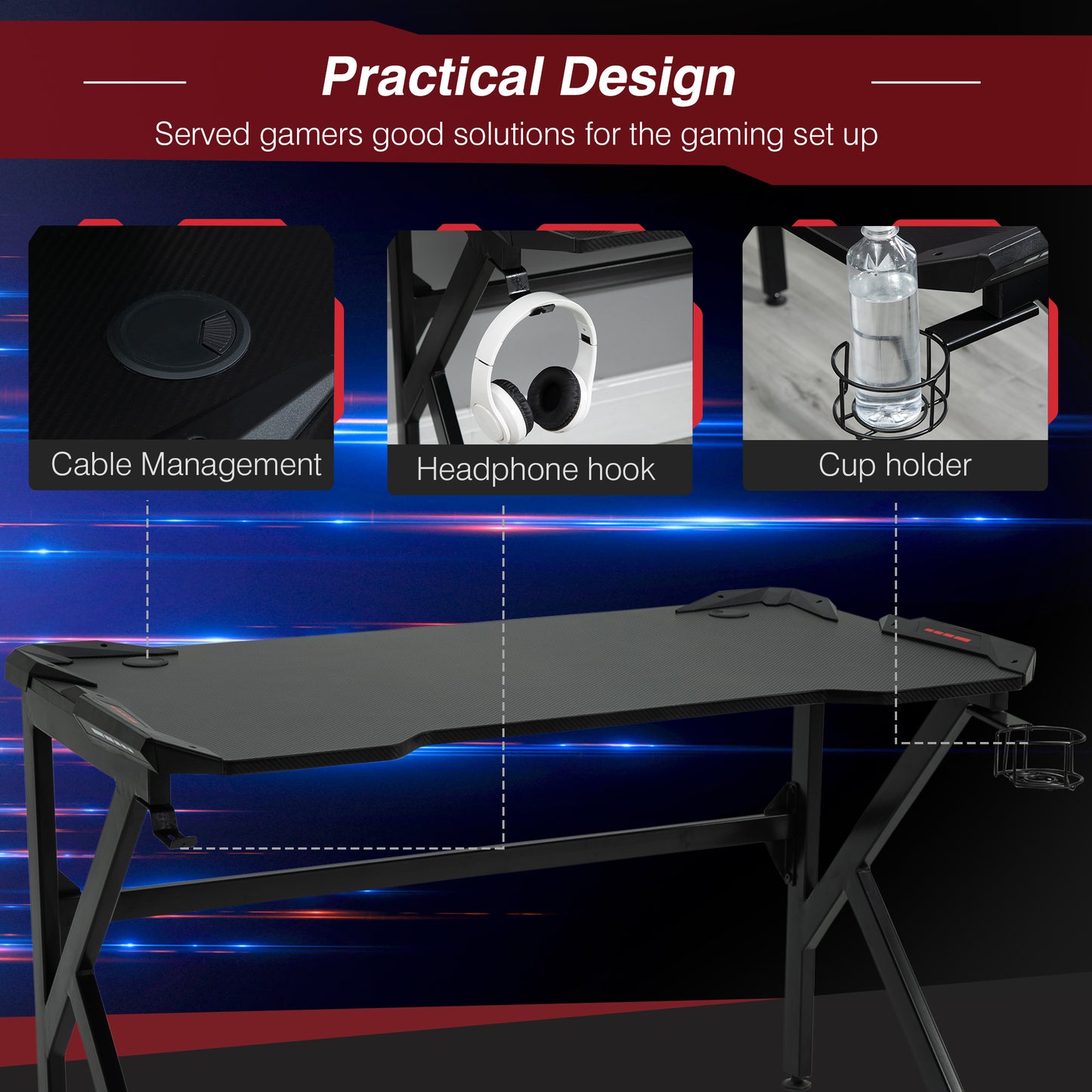 Spacious Gaming Desk Home Racing w/ Steel Frame Cup Headphone Holder Hook
