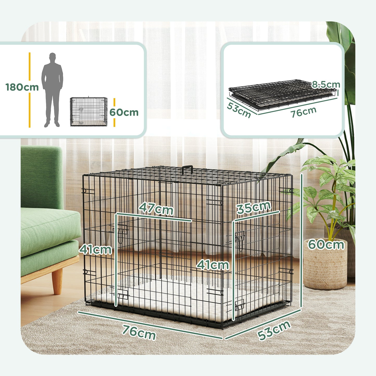 Dog Crate with Two Doors, Tray, Soft Cushion, for Small Dogs, Black