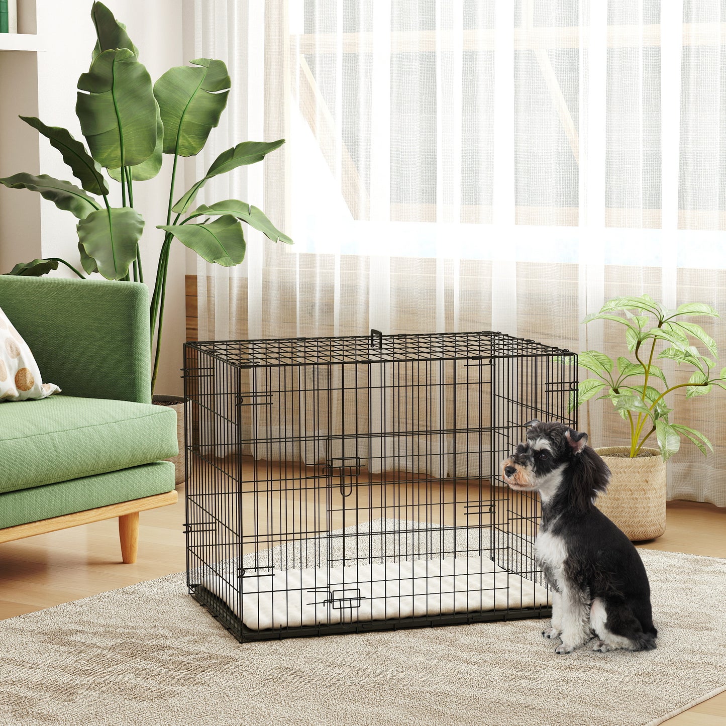 Dog Crate with Two Doors, Tray, Soft Cushion, for Small Dogs, Black