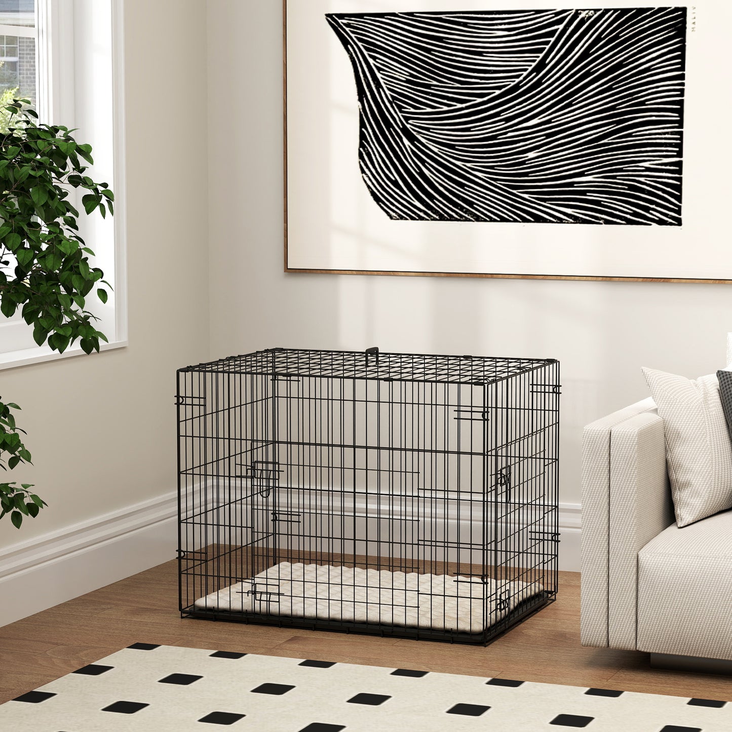 Dog Crate with Two Doors, Tray, Soft Cushion, for Small Dogs, Black