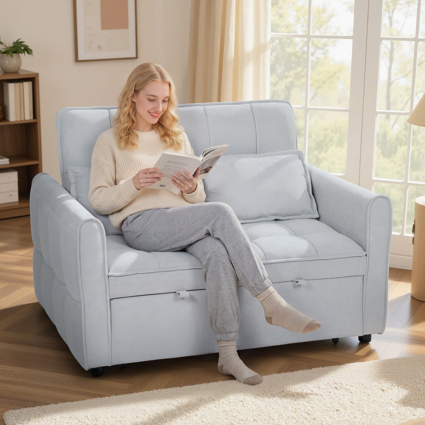 2 Seater Sofa Bed, 3-in-1 Sleeper Sofa with Adjustable Backrest