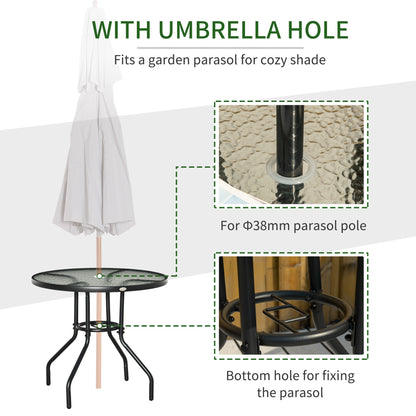 Outdoor Round Dining Table Tempered Glass Top w/ Parasol Hole 80cm