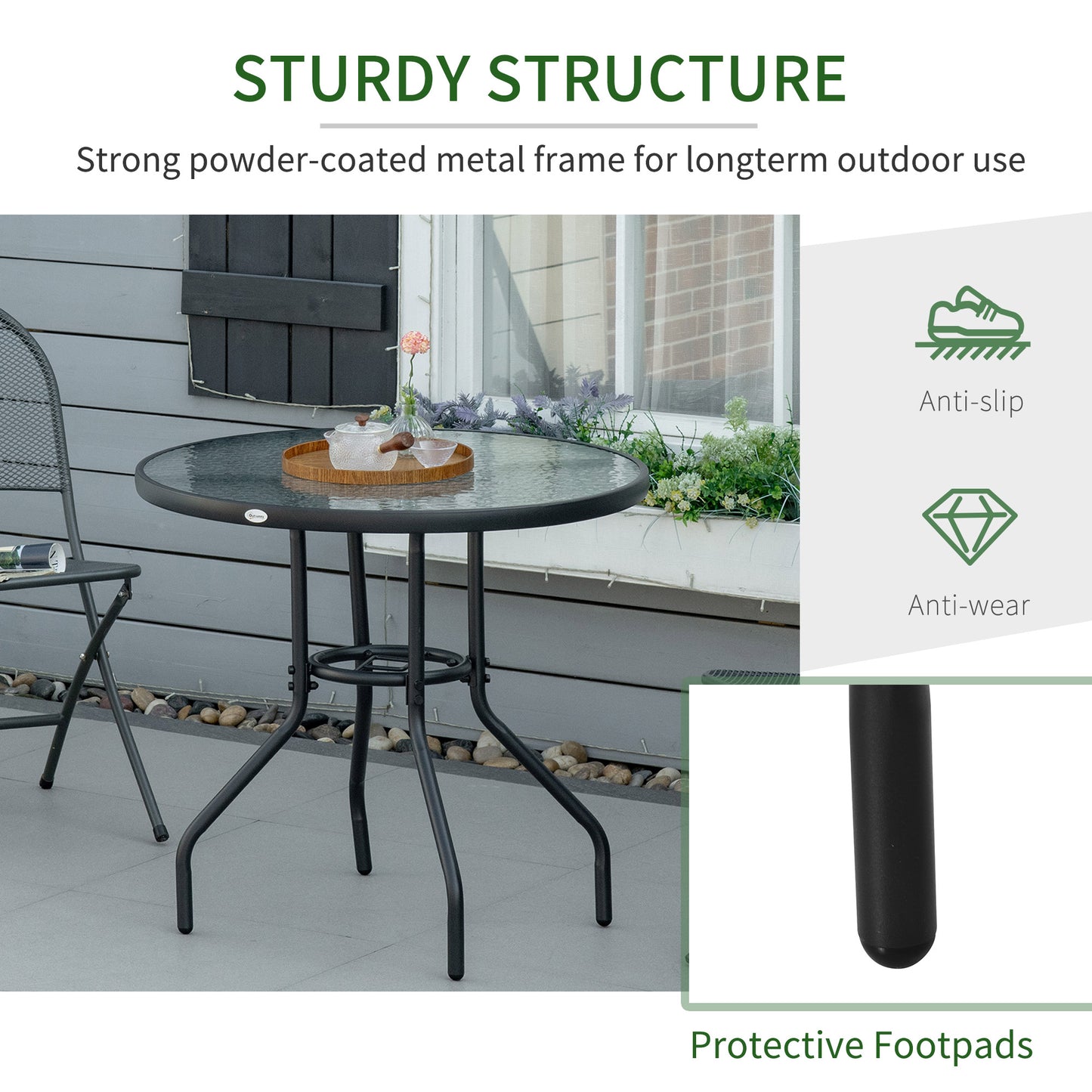 Outdoor Round Dining Table Tempered Glass Top w/ Parasol Hole 80cm