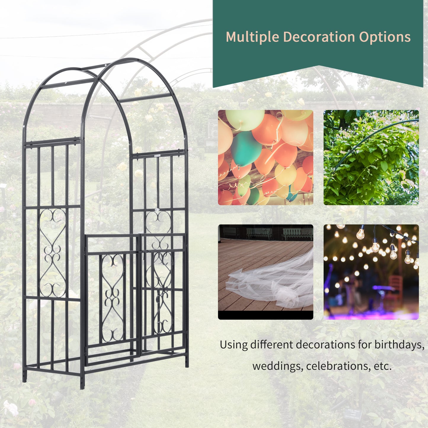 Metal Garden Arch with Double Gate, Garden Arbor Climbing Plants