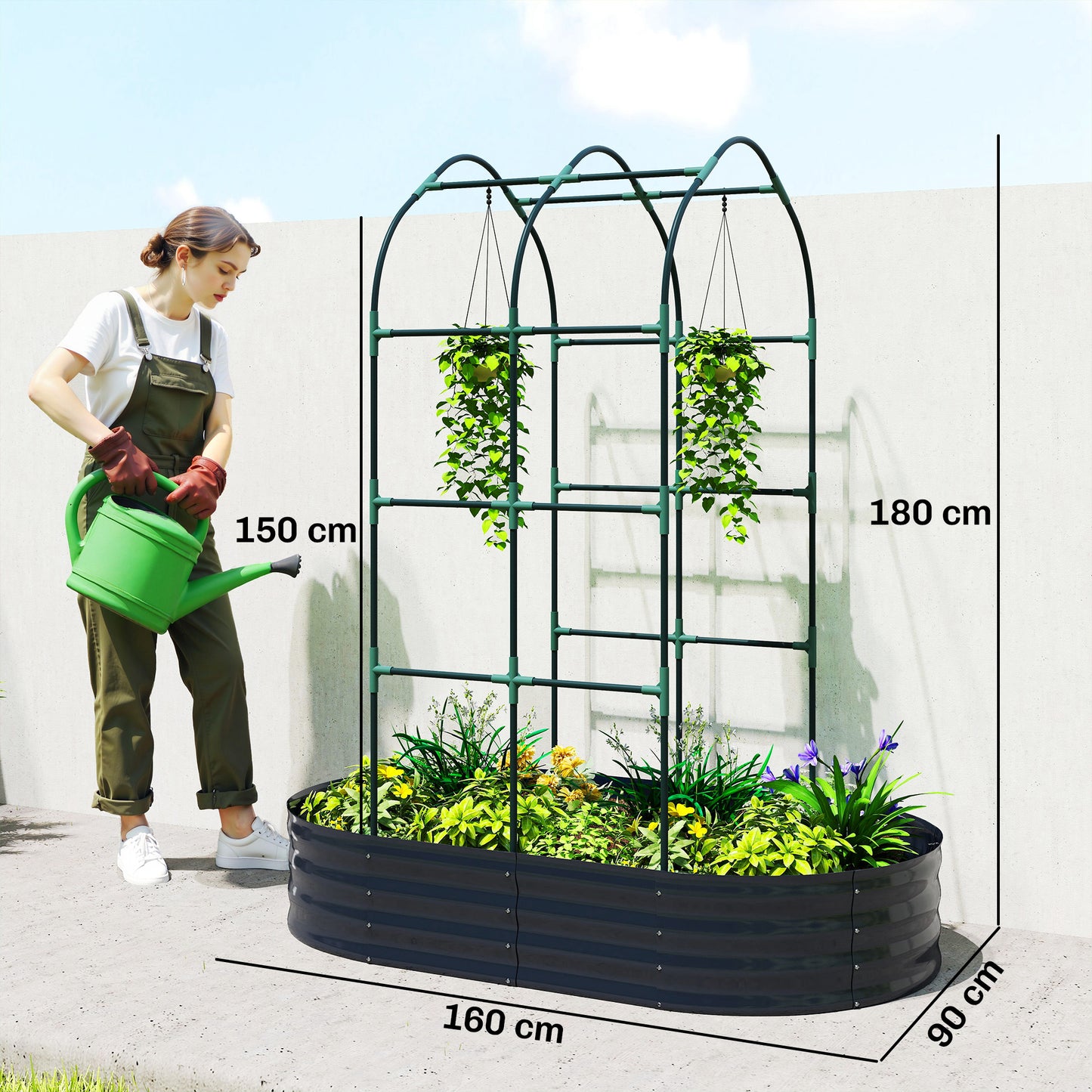 5 x 3 x 6ft Galvanised Raised Garden Bed with Trellis, Dark Grey