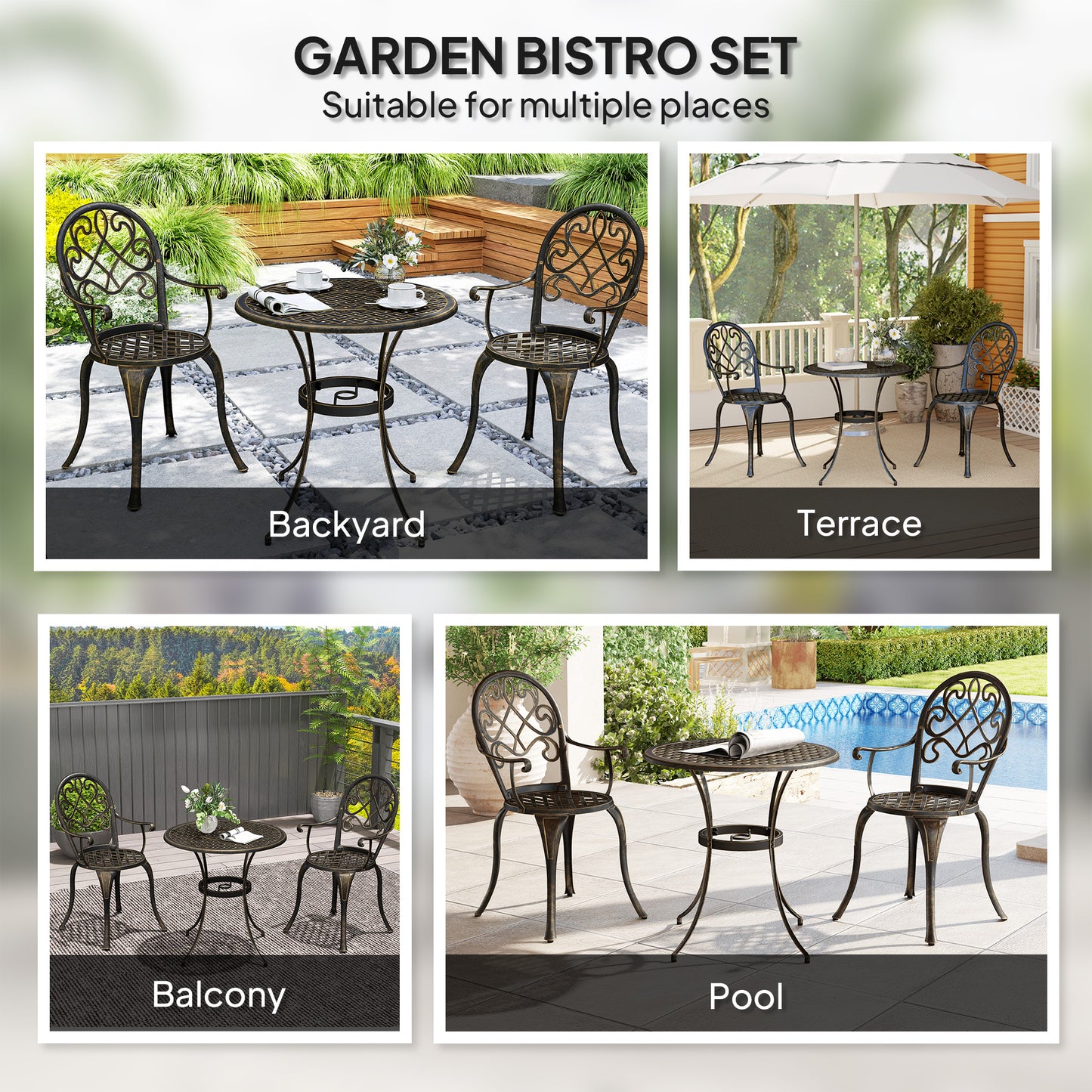 3PCs Bistro Set,  Aluminium Garden Table and Chairs Bronze Tone