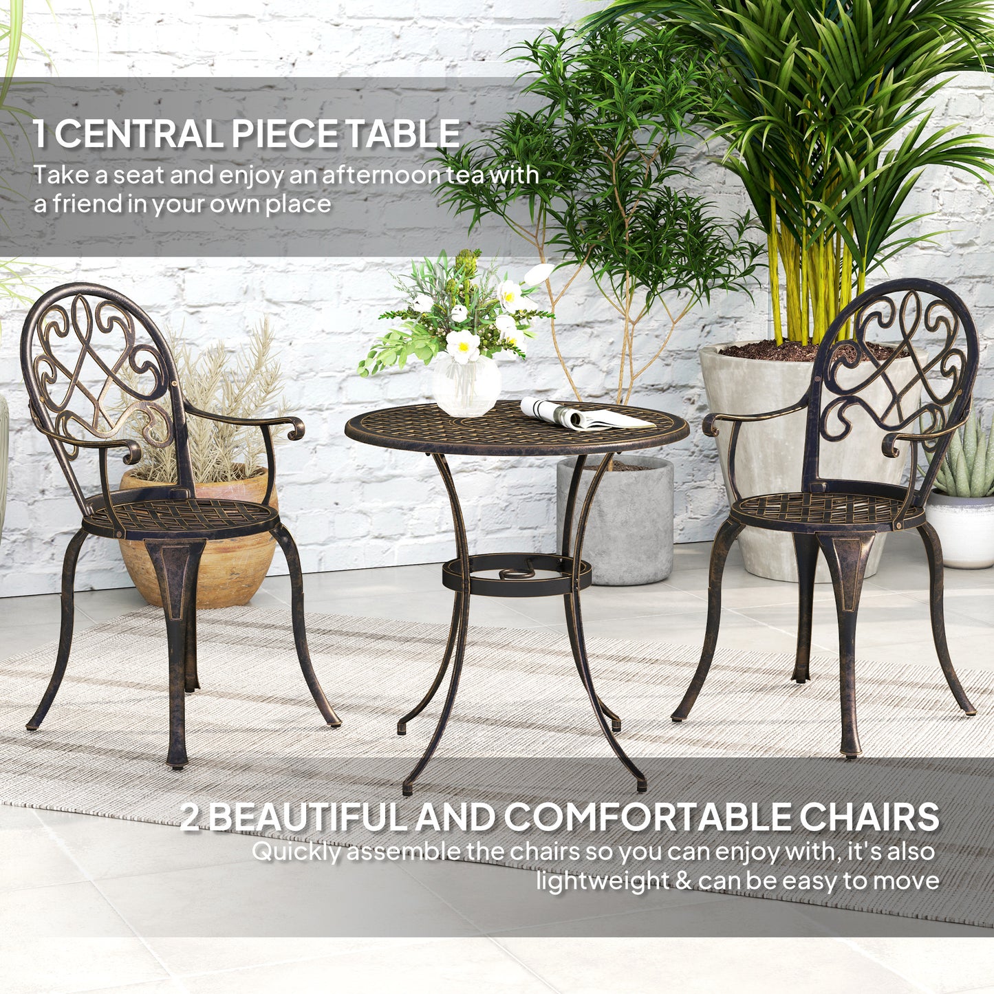 3PCs Bistro Set,  Aluminium Garden Table and Chairs Bronze Tone
