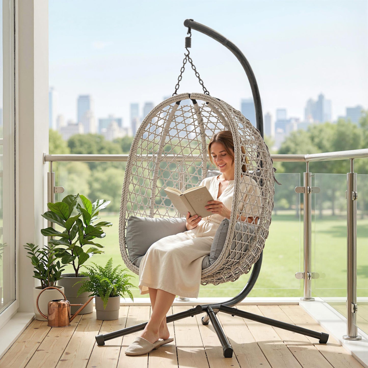 Hanging Egg Chair, Rattan Swing Chair with Stand, Light Grey