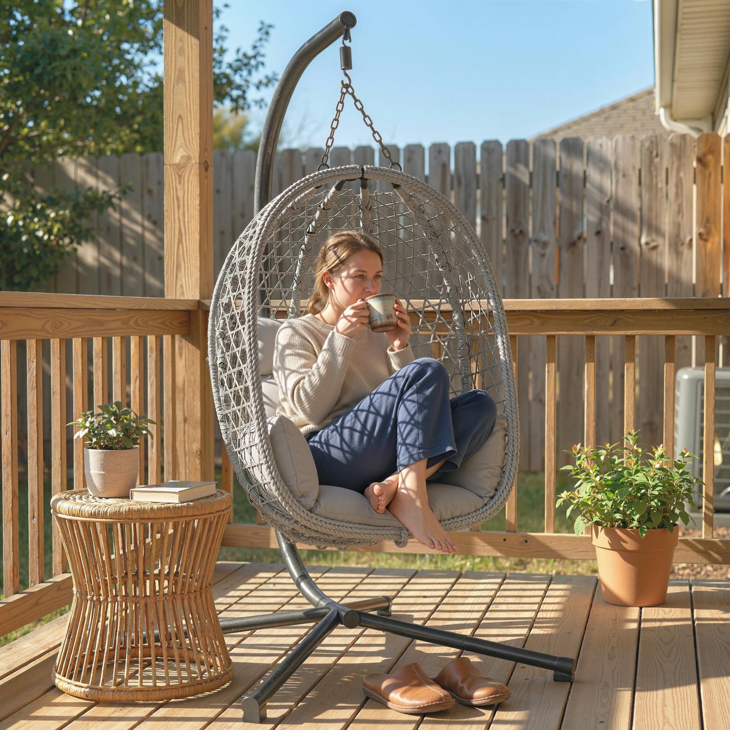 Hanging Egg Chair, Rattan Swing Chair with Stand, Light Grey
