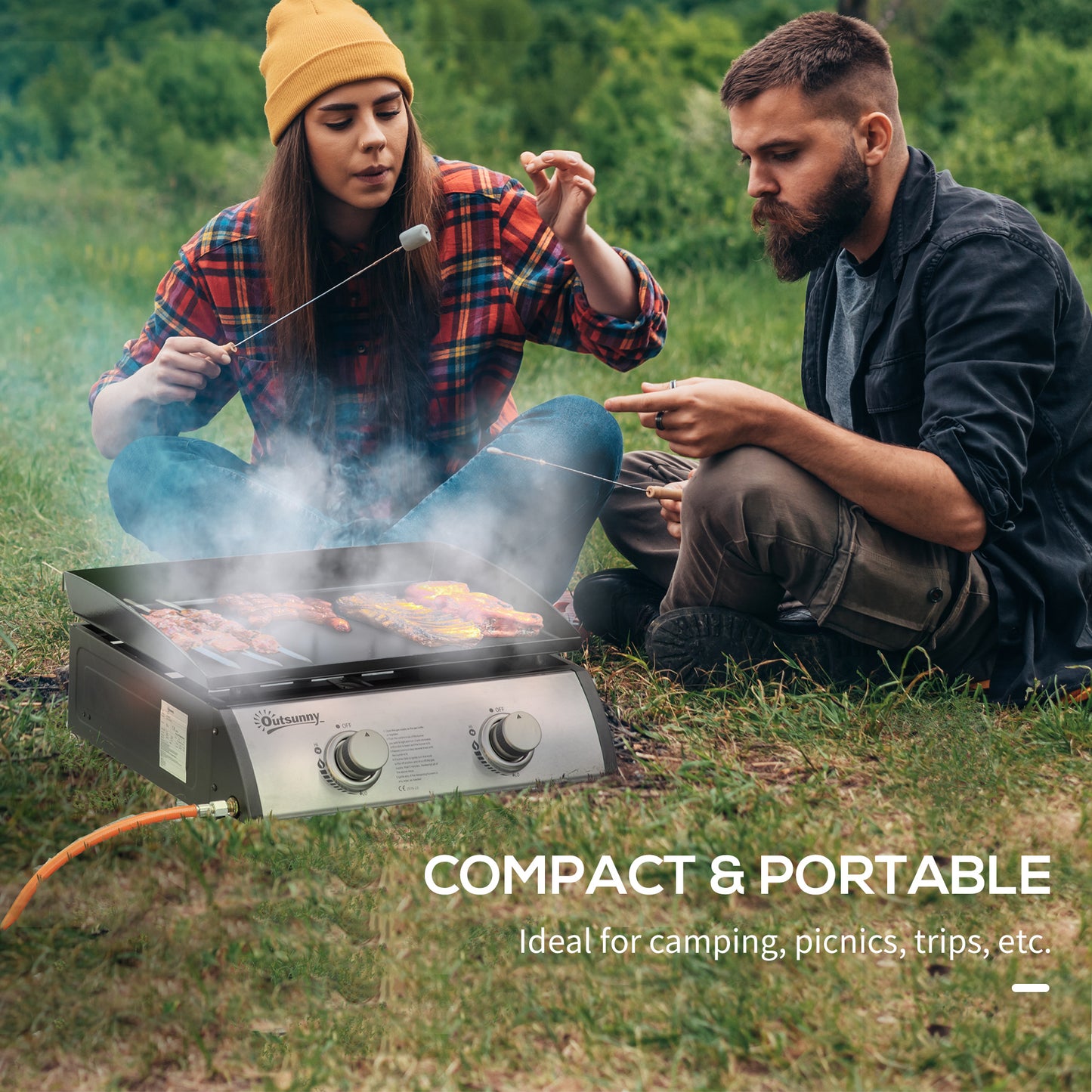 Portable Tabletop Gas Plancha Grill w/ 2 Stainless Steel Burner, 10kW, Non-Stick Griddle for BBQ Camping Picnic Party
