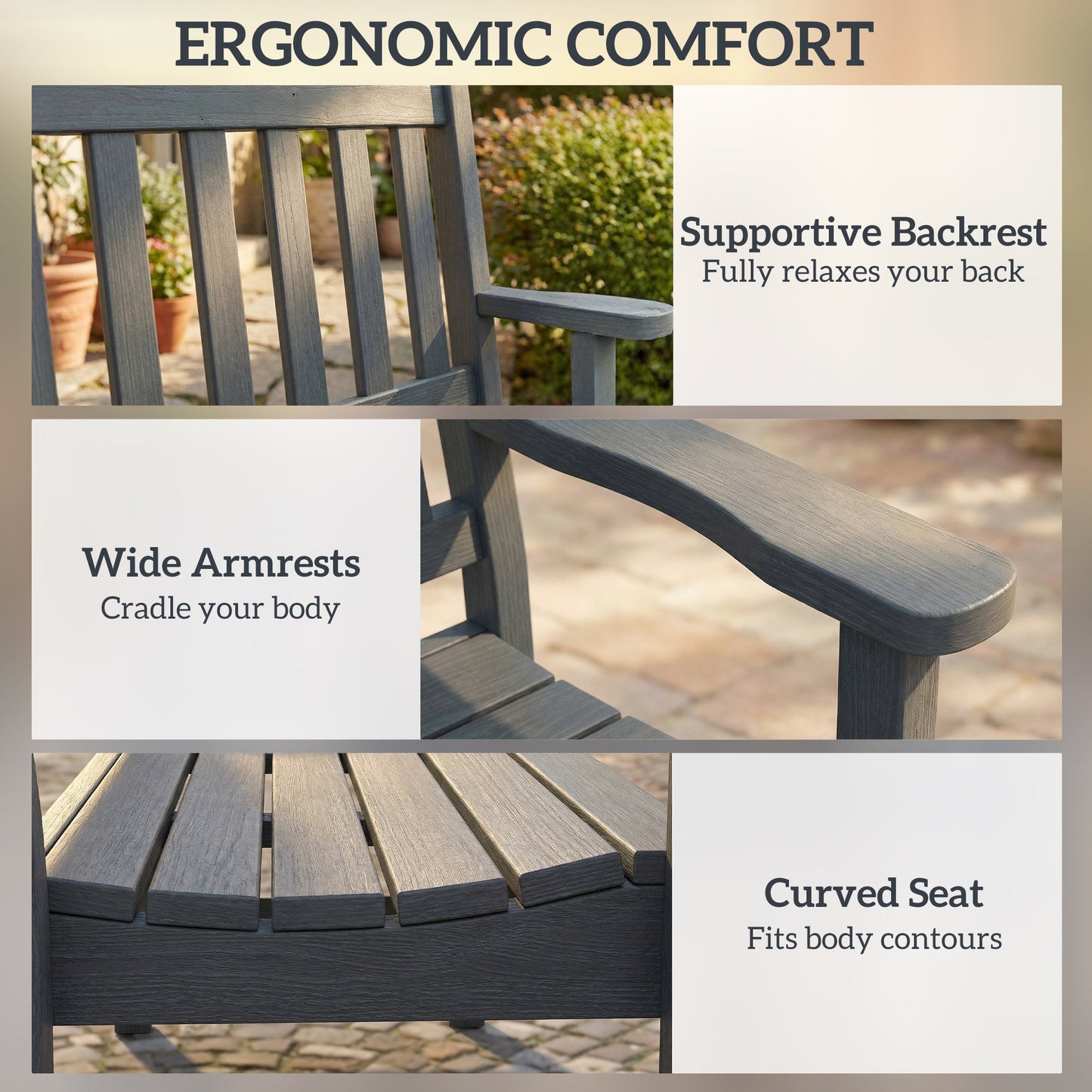 2 Seater Plastic Garden Bench, Outdoor Patio Furniture, Grey