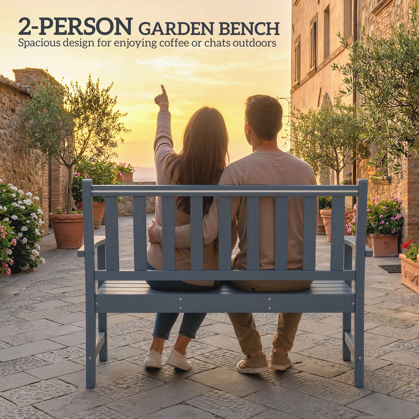 2 Seater Plastic Garden Bench, Outdoor Patio Furniture, Grey