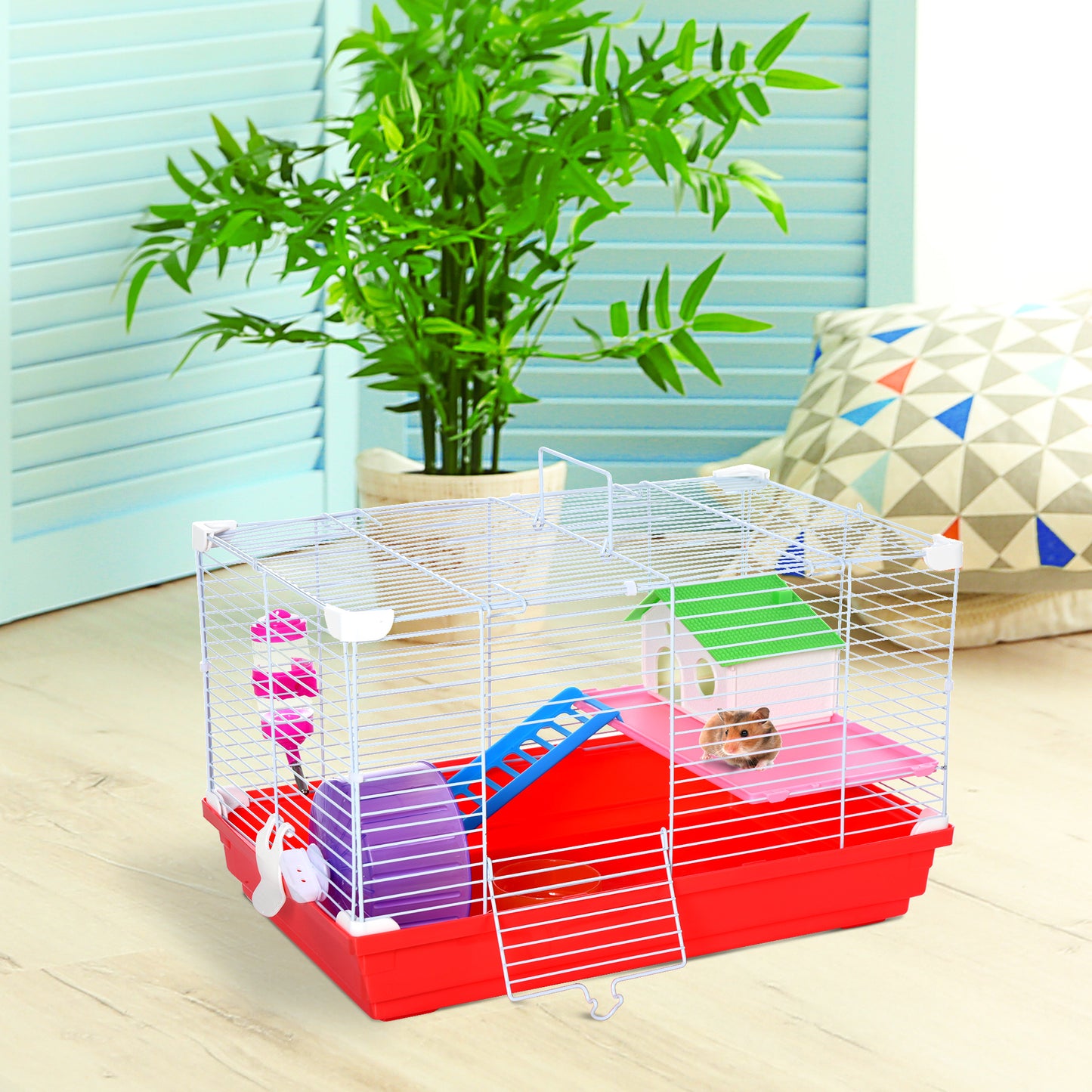 Portable 2 Storey Hamster Cage Small Pet Animal Cage Double Layers w/ Exercise Wheel Water Bottle Dishes