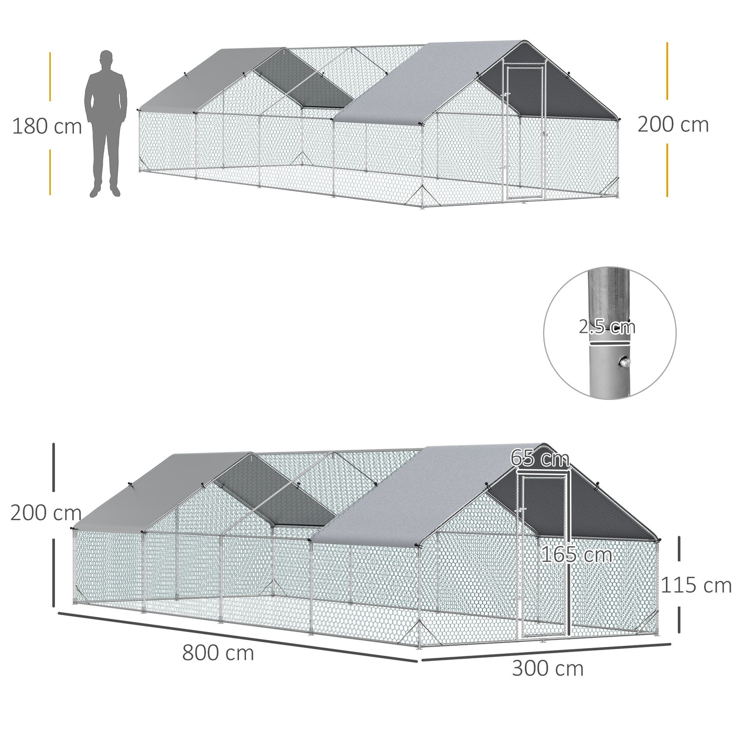 Walk In Chicken Run Large galvanised Chicken Coop w/ Cover 3 x 8 x 2m