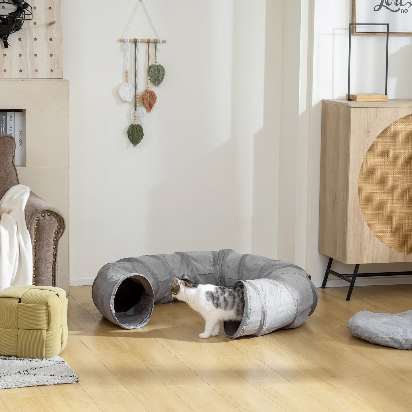 Cat Tunnel with Bed, Large Foldable 2 in 1 Cat Play Tunnel Donut Bed for Indoor with Ball & Peek Hole, Interactive Toys for Kitten, Puppy, Rabbits, Grey
