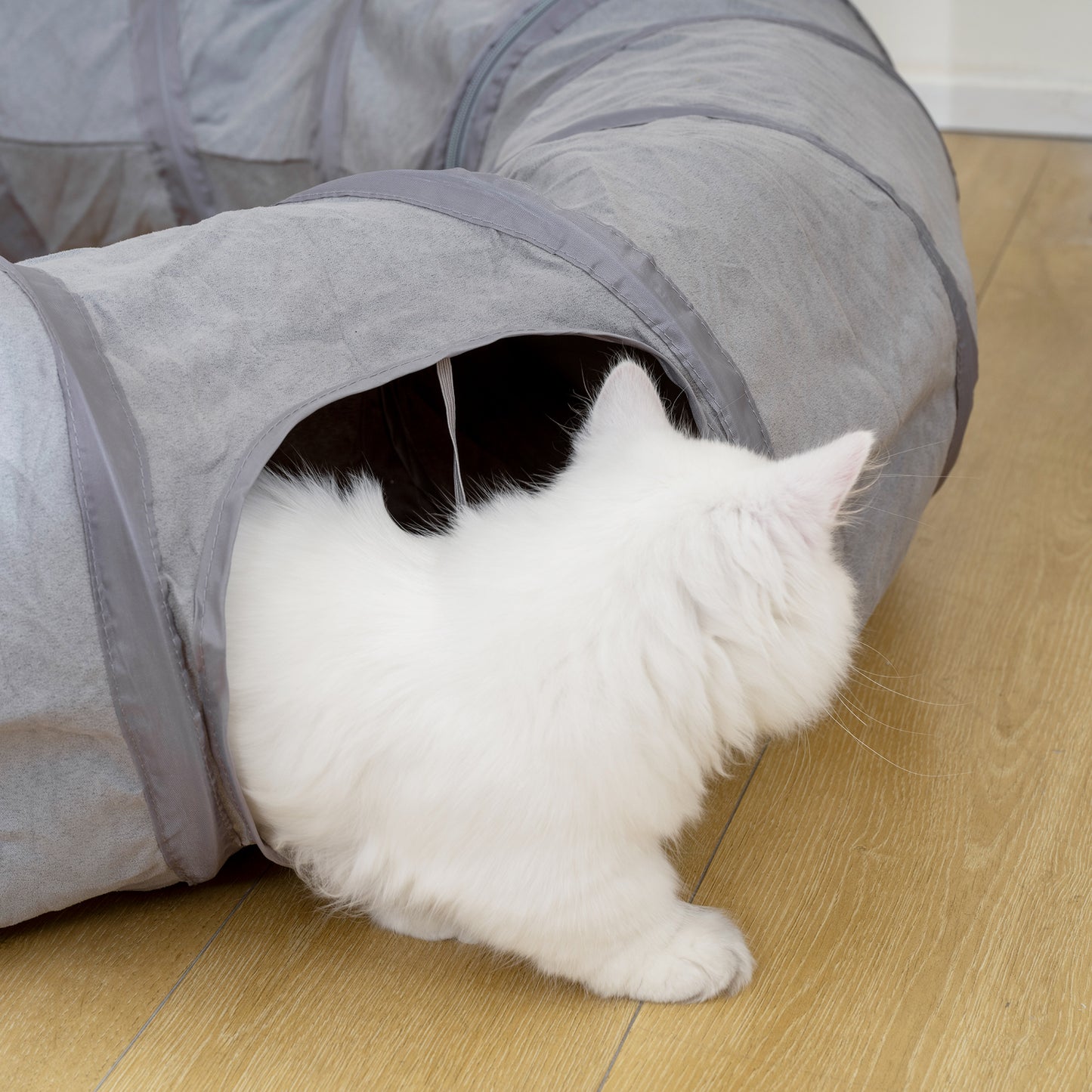 Cat Tunnel with Bed, Large Foldable 2 in 1 Cat Play Tunnel Donut Bed for Indoor with Ball & Peek Hole, Interactive Toys for Kitten, Puppy, Rabbits, Grey