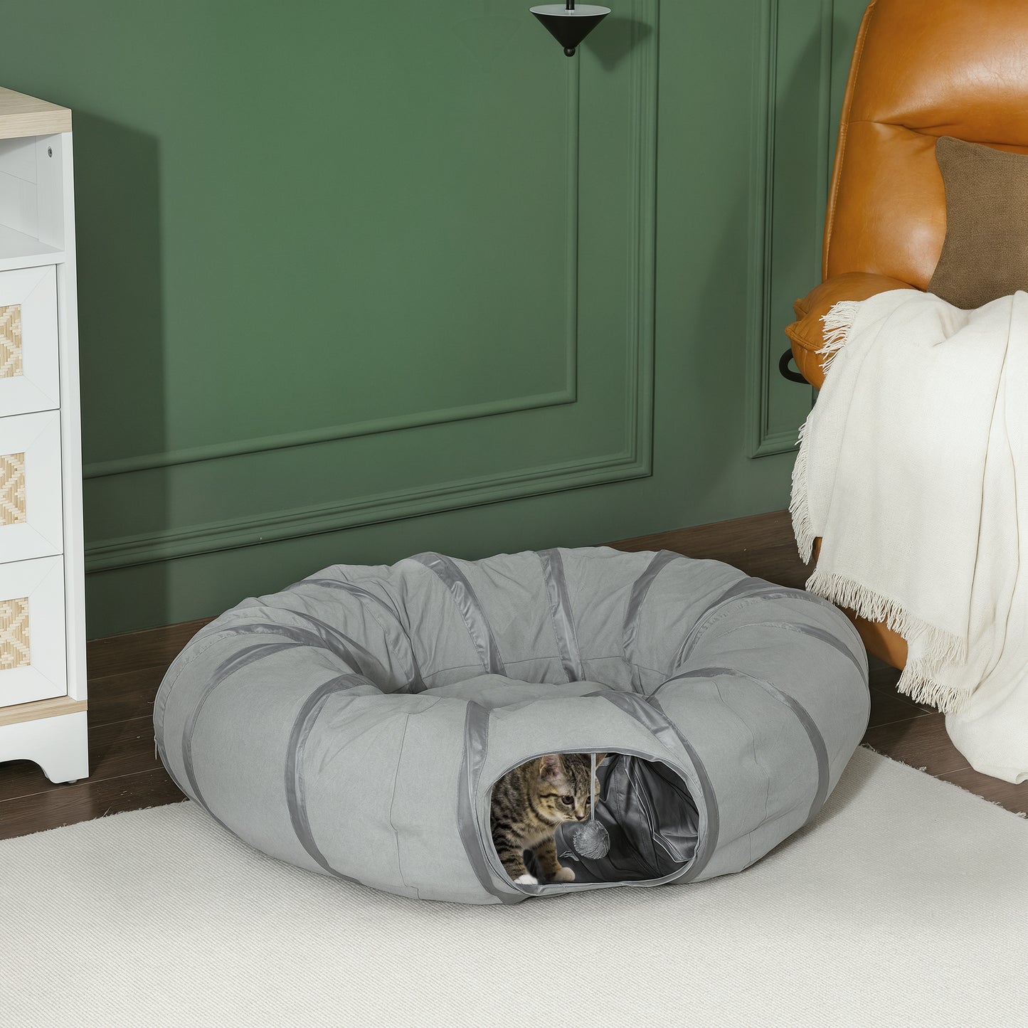 Cat Tunnel with Bed, Large Foldable 2 in 1 Cat Play Tunnel Donut Bed for Indoor with Ball & Peek Hole, Interactive Toys for Kitten, Puppy, Rabbits, Grey