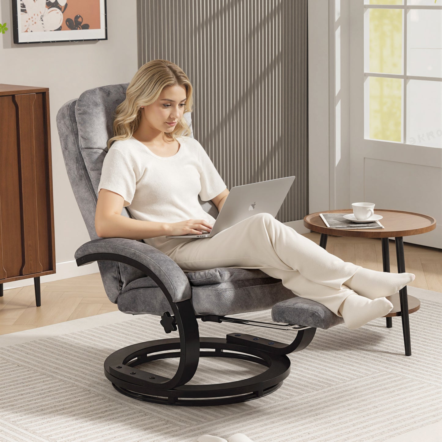 Manual Recliner Armchair with Footrest, Wooden Base, Grey