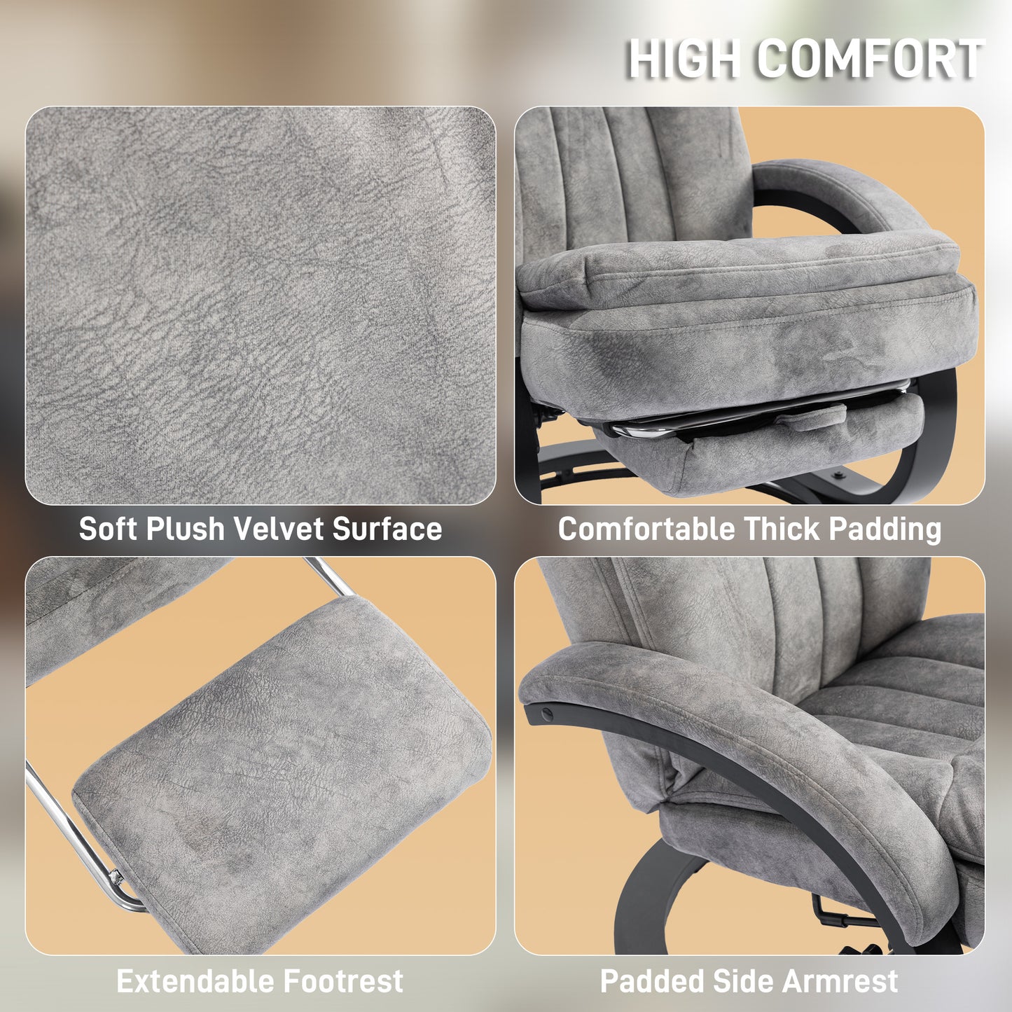 Manual Recliner Armchair with Footrest, Wooden Base, Grey