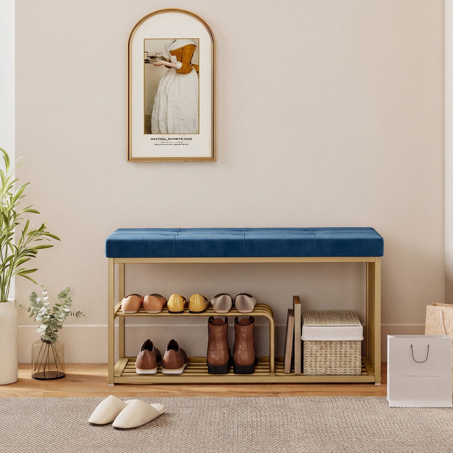 Shoe Storage Bench with Seat Cushion Tufted Shoe Rack Bench Dark Blue