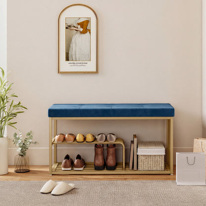 Shoe Storage Bench with Seat Cushion Tufted Shoe Rack Bench Dark Blue