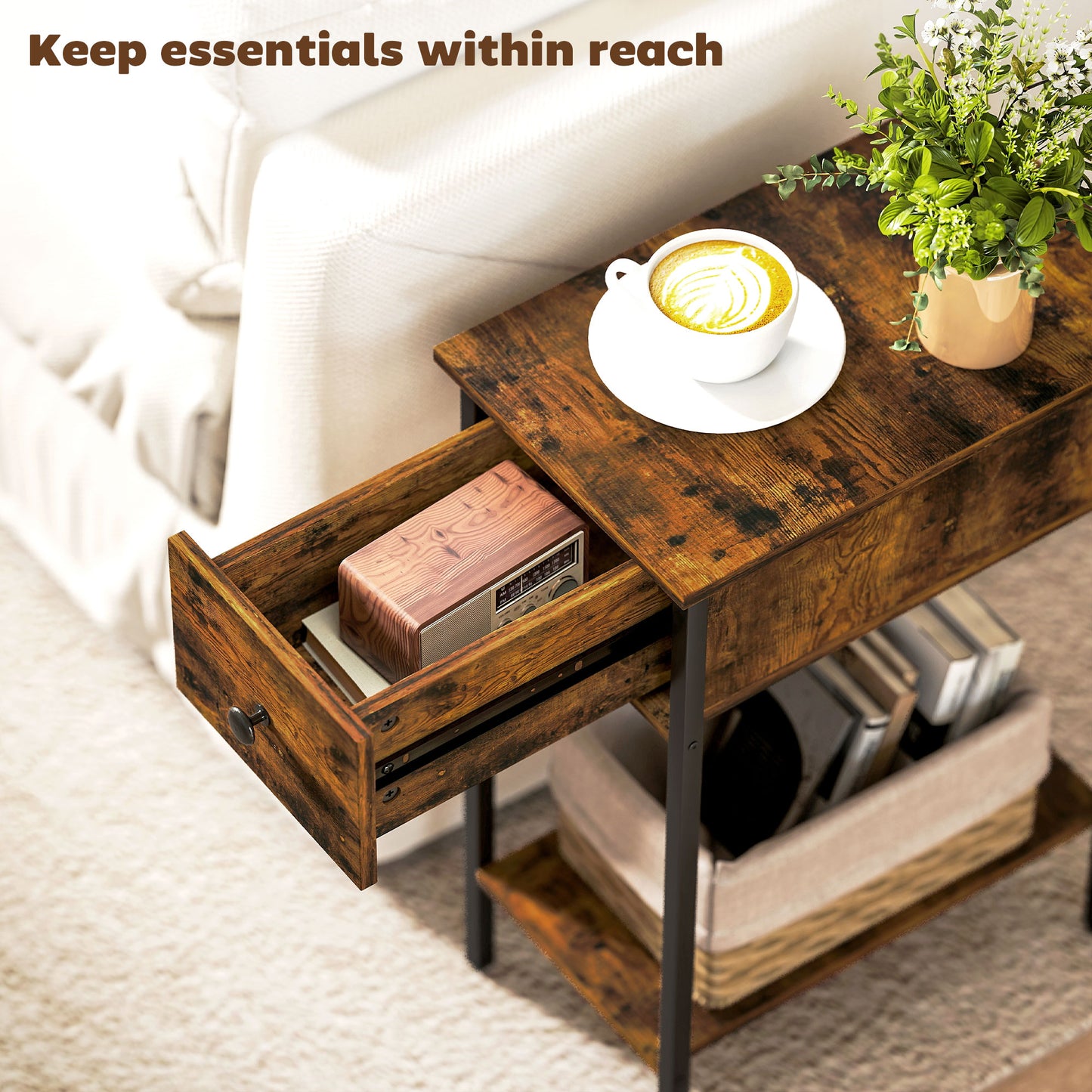 Industrial Slim End Table Nightstand for Small Spaces Rustic Brown