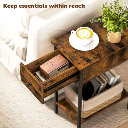 Industrial Slim End Table Nightstand for Small Spaces Rustic Brown
