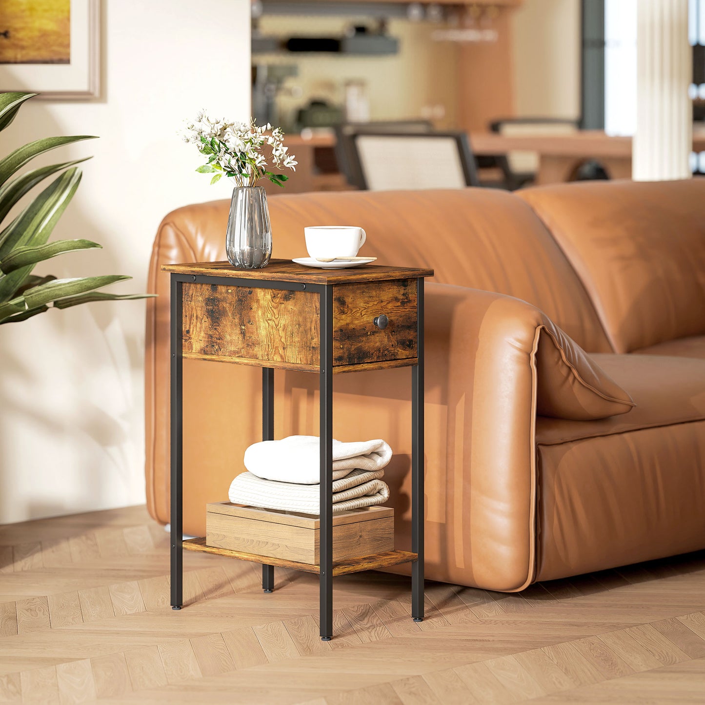 Industrial Slim End Table Nightstand for Small Spaces Rustic Brown