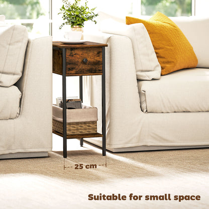 Industrial Slim End Table Nightstand for Small Spaces Rustic Brown