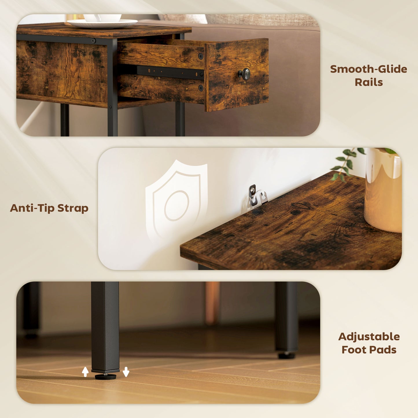 Industrial Slim End Table Nightstand for Small Spaces Rustic Brown
