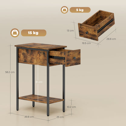 Industrial Slim End Table Nightstand for Small Spaces Rustic Brown