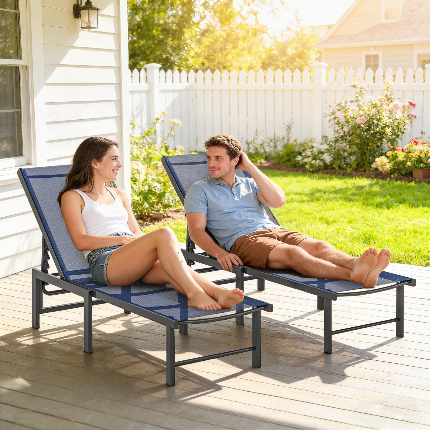 Sun Loungers Set of 2, 5-Level Reclining Sunbeds, Dark Blue