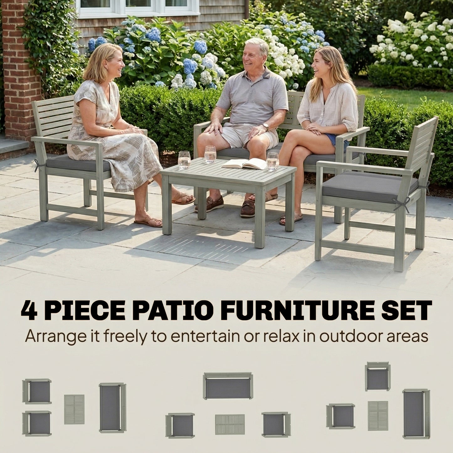 4 Seater Wooden Garden Furniture Set with Loveseat, Chairs, Table
