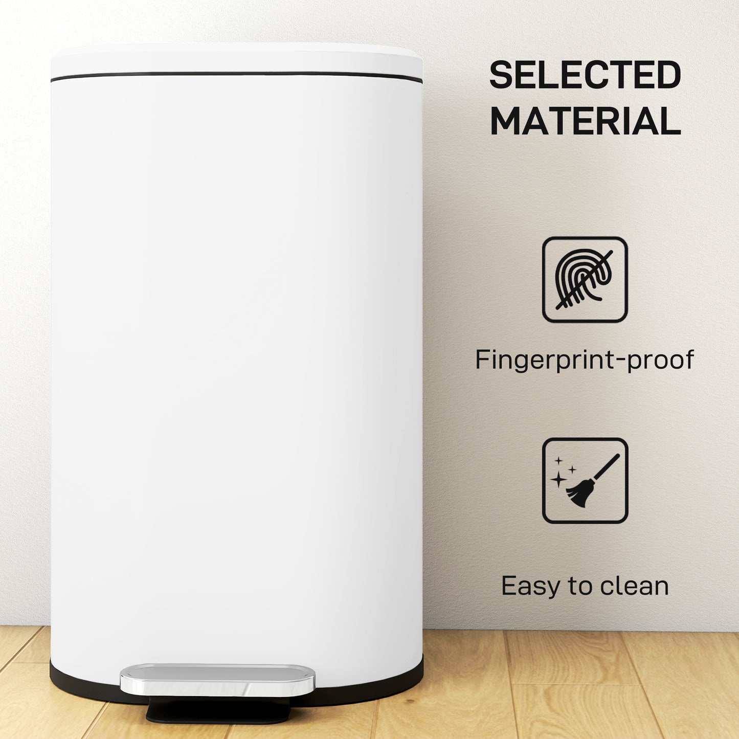 Slim Rectangular Pedal Bin with Soft-Close Lid, 30L Kitchen Bin White
