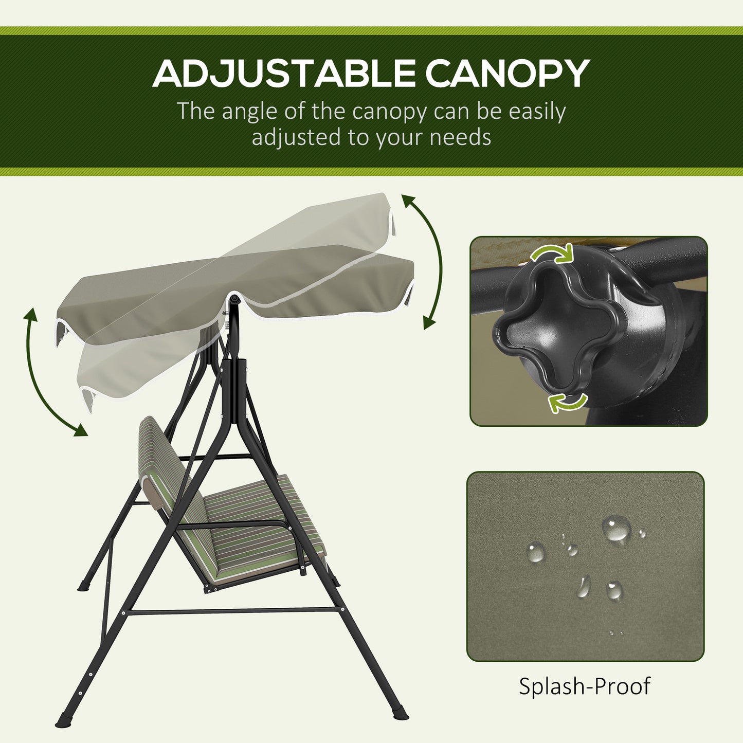 Outdoor 3-person Metal Porch Swing Chair Bench Canopy Green