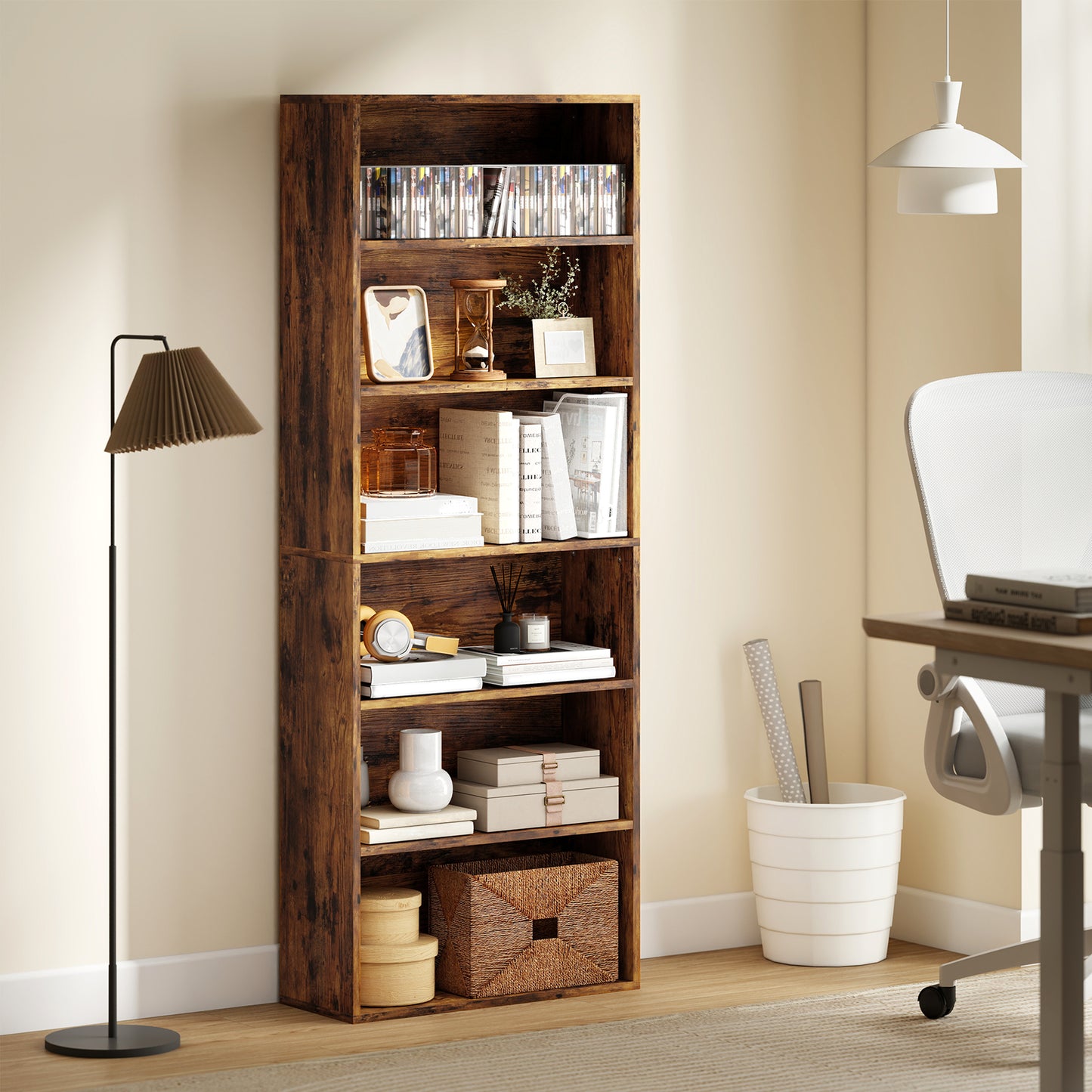 6 Tier Bookshelf, Freestanding Bookcase with Adjustable Shelves